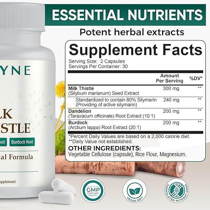 VEYNE Milk Thistle Supplement 80% Silymarin (240mg Active) with Dandelion Root Extract 10:1 & Burdock Root 20:1 – Liver Support Supplement for Daily Wellness – 60 Capsules (30 Day Supply)