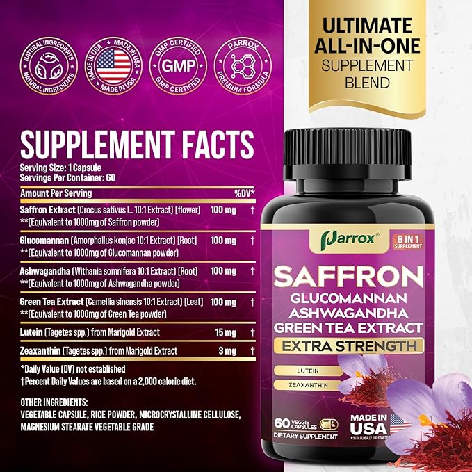 Saffron Supplement with Glucomannan, Ashwagandha, Green Tea Extract, Zeaxanthin & Lutein, Vision Support & Daily Wellness Formula, Extra Strength Plant-Based Capsules, 4 Month Supply (2 Pack)