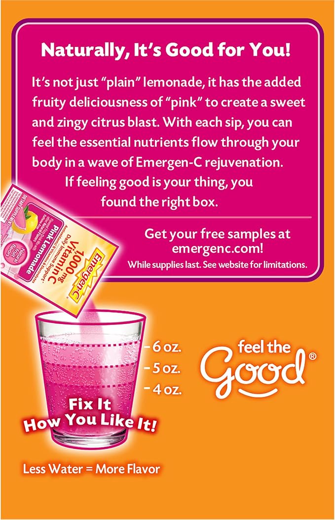 Emergen-C 1000mg Vitamin C Immune Support Powder Pink Lemonade 30CT includes Zinc, Manganese, 7 B Vitamins and Electrolytes for Back to School Essentials