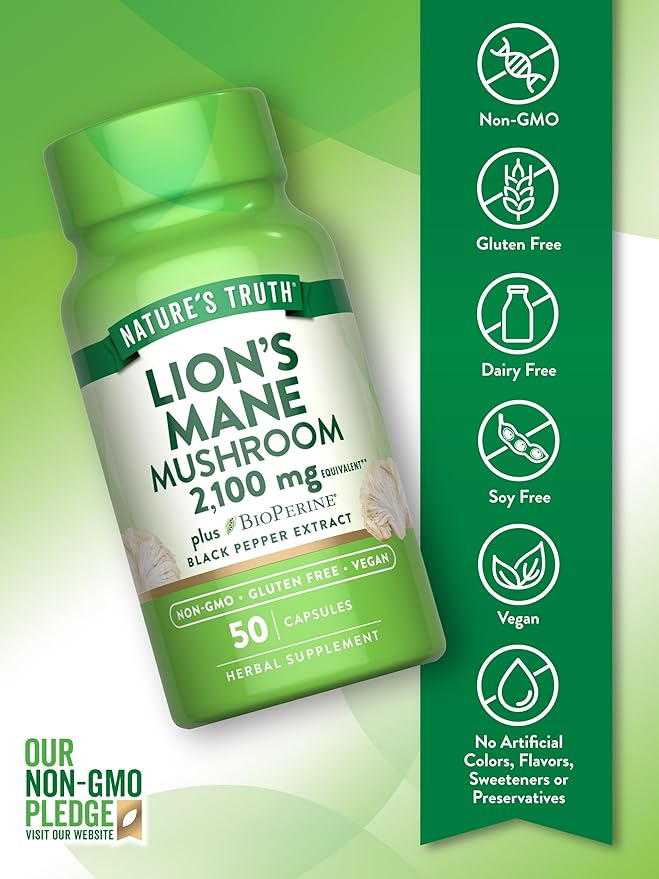 Nature's Truth Lions Mane Supplement Capsules | 50 Count | with BioPerine | Vegan, Non GMO & Gluten Free Extract Formula