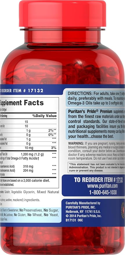 Puritan's Pride Omega-3 Fish Oil 1200 Mg, 180 Count