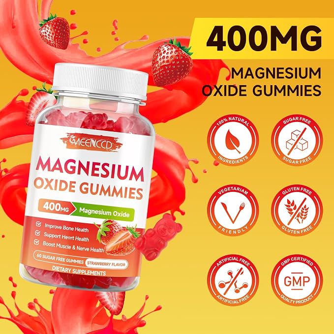 2 Pack Magnesium Oxide Gummies 400mg, Chewable Magnesium Oxide Supplement for Adults & Kids, Muscle Function Support, Non-GMO, Sugar-Free, Strawberry Flavor, 120 Count