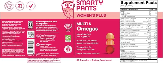 SmartyPants Women's Multivitamin Gummies, Omega 3 DHA/EPA, Methylfolate, CoQ10, Vitamin D3, C, B12, B6, A, K, Zinc, Three Fruit Flavors, 90 Count (30 Day Supply)