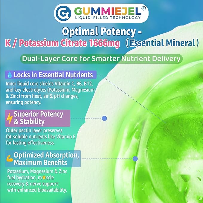 Potassium Citrate Gummies 1666mg for Adults - Potassium Supplement, Magnesium Glycinate, Zinc, B6, B12 & C – Electrolyte Gummies for Energy, Recovery & Leg Cramps, Vegan 60 Cts