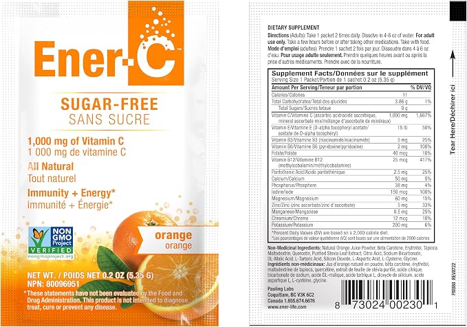 Ener-C Sugar Free Multivitamin Drink Mix - Vitamin Powder for Water, Electrolytes Powder No Sugar, Hydration Boost Packets, Zero Sugar, Vitamin C & B12 Supplement Liquid Mix - Orange, 60 Count