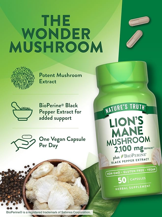 Nature's Truth Lions Mane Supplement Capsules | 50 Count | with BioPerine | Vegan, Non GMO & Gluten Free Extract Formula