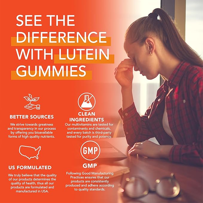 Lutein & Zeaxanthin Gummies - Delicious Vegan Eye Health Vitamins Clinically Studied 20mg Lutein and Zeaxanthin for Vision Clarity Dry Eye Relief and Blue Light Support