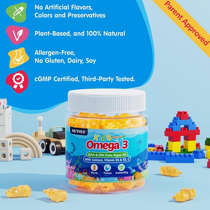 Kids Omega 3 Gummies + Calcium 400mg + Vitamin D3 K2 + C, Omega-3 DHA & EPA Supplement - No Fish Burps, No Sugar - Kids & Teens Omḛga 3 + Multivitamin Gummy for Strong Bones, Brain, Immune, Eye, 2Pack
