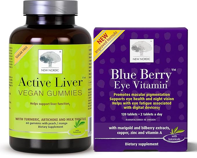 NEW NORDIC Eye & Liver Support Bundle, Blue Berry Eye Vitamin (Strong) 120s Plus Active Liver Gummies 60ct
