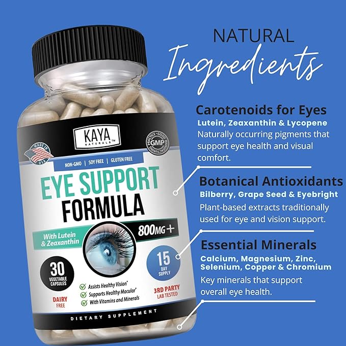 Kaya Naturals Eye Health Supplement, Lutein and Zeaxanthin, Vision Health, Eye Strain Support 800 mg Vitamin Supplement 30 Capsules