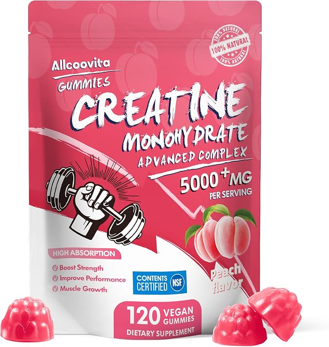 Allcoovita Creatine Monohydrate Gummies 5g for Men & Women. Boost Focus,Strength, and Endurance, Anti-Melting Formula, Vegan, Gluten-Free, Non-GMO,(Peach 120 ct)