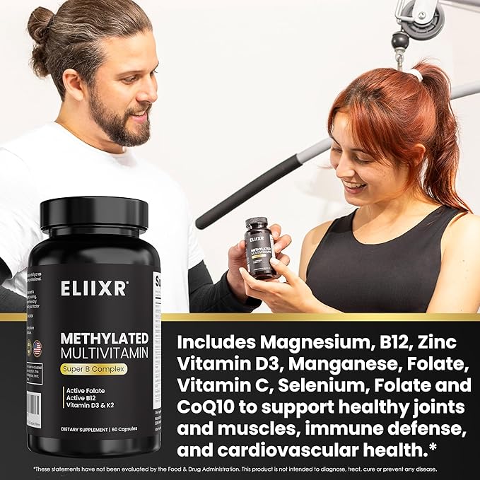 Eliixr Methylated Multivitamin 27-in-1 Formula with 1500 mcg Active Folate, Methylated B12, K2, D3, B-Complex and more Women and Mens Multivitamins, 60 Vegan Capsules, 2 month supply Made in the USA