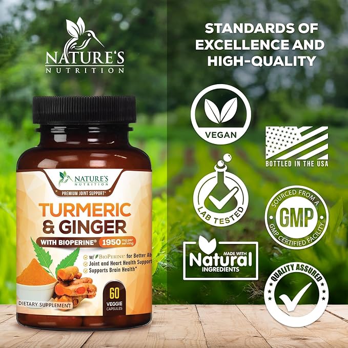 Turmeric Curcumin Supplement - 95% Curcuminoids with Organic Turmeric & Ginger, BioPerine Black Pepper Extract for Best Absorption, Natural Vegan Joint Support, Non-GMO, Bottled in USA - 60 Capsules