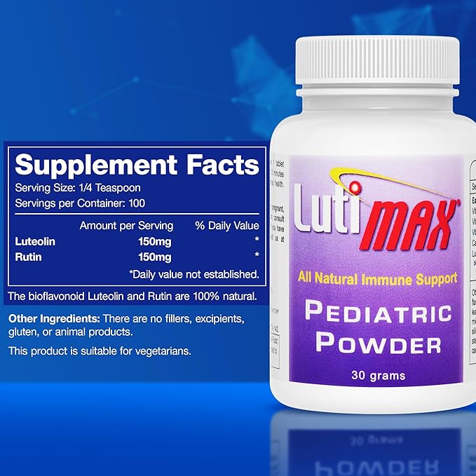 Lutimax Pediatric Powder Brain Supplement with Luteolin & Rutin - Kids Memory, Focus, Muscle & Immune Support Brain Supplements - Nootropic Antioxidants - 100 Servings