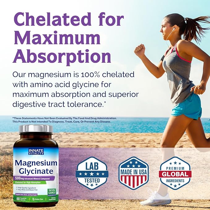 Innate Vitality Magnesium Glycinate 500mg | 70mg Elemental Magnesium Supplement - High Absorption, Non Buffered, Non-GMO & No Gluten - Vegan - Nerve Health - 60 Capsules (Pack of 1)