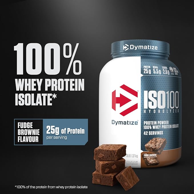 Dymatize ISO100 Whey Protein Powder Isolate, Fudge Brownie, 25g of Protein, 3 Pound, 5.5g BCAAs, Less Than 120 Cal., Gluten Free, 1g Fat, 1g Sugar, 2g Carb (42 Servings)