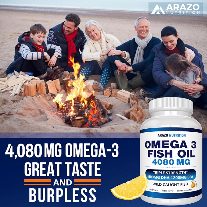 Arazo Nutrition Wild Caught Omega-3 Fish Oil Concentrate – 4,080mg per Serving – High EPA 1200mg & DHA 900mg – 120 Burpless Lemon Softgels