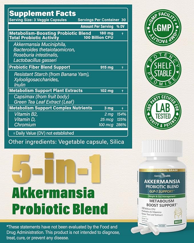 GLP-1 Supplement 100 Billion Akkermansia Probiotic & Prebiotic for Gut Health & Digestion, Metabolism & Energy Support with Vitamin B2 & D, Green Tea and Chromium - Non-GMO | 180 Capsules