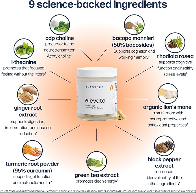 Avantera Elevate Premium Nootropic Supplement - Beat Brain Fog - Best Focus Supplements for Memory & Focus Support - Energy Without Crash - 56 Count Pills for Women & Men*