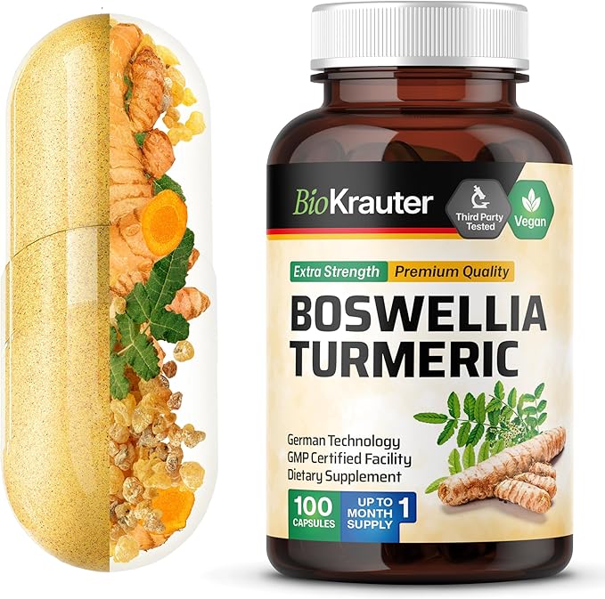 BIO KRAUTER® Turmeric Curcumin Supplement with Boswellia for Joint Support - Vegan Turmeric with Black Pepper & Boswellia Extract 100 Capsules, 33 Days of Supply, Non-GMO - Natural Digestive Support