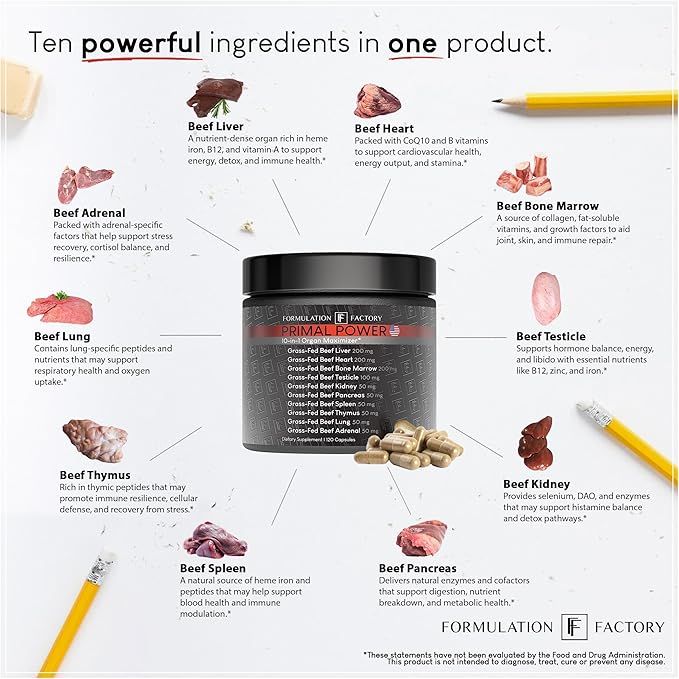 Formulation Factory Primal Power 10-in-1 Beef Organ Supplement - Grass Fed Beef Liver Capsules with Heart, Bone Marrow, Kidney, Testicle - Freeze Dried Organ - 120 Capsules, 2 Month Supply