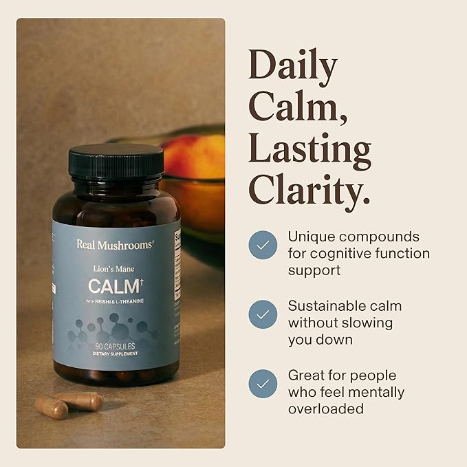 Real Mushrooms Lion’s Mane Calm Capsules (90 Count) – 400mg Organic Lions Mane Fruiting Body Extracts, 200mg Organic Reishi, 200mg AlphaWave L-Theanine for Calm Clarity & Relaxed Alertness, 90ct
