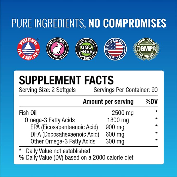 Omega-3 MD - EPA & DHA Supplement - 2500mg Omega 3 Fish Oil for Heart Health, Brain Support, Joint Comfort, & Overall Wellness - 1 Bottle - 3 Month Supply