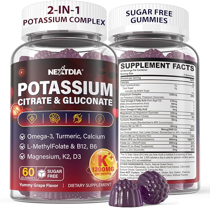 Potassium Citrate and Potassium Gluconate Supplement, 1200mg Two Forms of Potassium Gummies, w/Magnesium, Omega-3, Calcium, Vitamin D3 K2 B12 E B6, Folate for Mṵṣḉḷḙ, Nerves, Health Bones, 60Cts