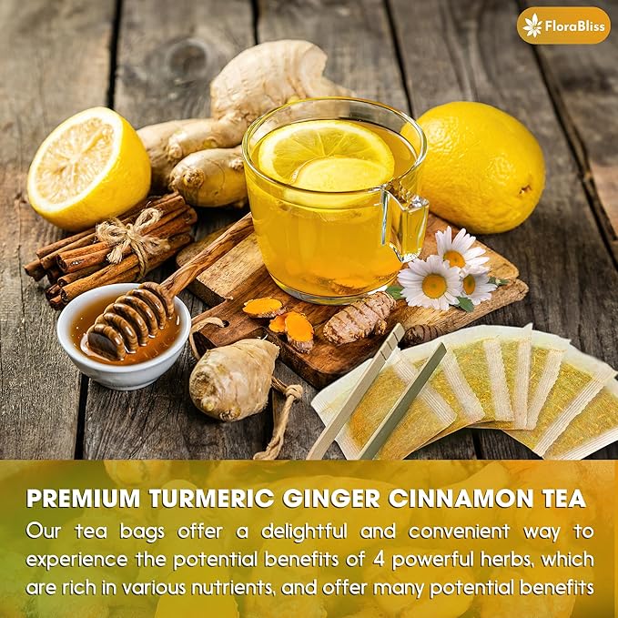 FloraBliss 50 Bags Premium Turmeric, Ginger, and Cinnamon Tea with Chamomile, Extra Strength 2.2g/Bag, 100% Natural, Caffeine-Free, Vegan, Eco-Friendly, Supports Digestion, Relaxation