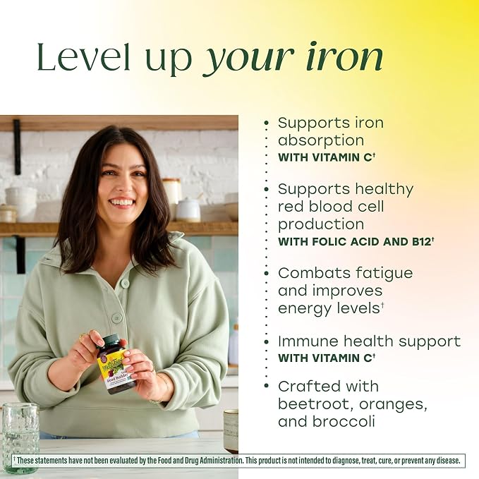 MegaFood Blood Builder Iron Supplement for Women & Men - Increase Iron Levels Without Side Effects - Combats Fatigue - with Vitamin B12, Folic Acid & Vitamin C for Absorption - Vegan - 30 Tablets