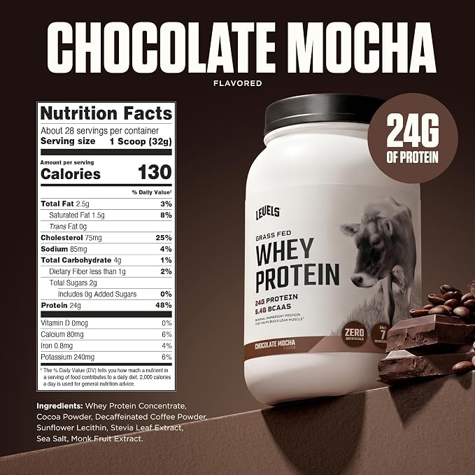 Levels Whey Protein Powder, No Artificial Ingredients, Chocolate Mocha, 2LB | 24G of protein and 5.4G BCAAs per scoop, made with hormone-free dairy, zero junk, no fillers, no added sugar, certified clean