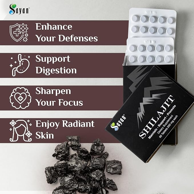 Sayan 100% Pure Shilajit Tablets, High-Potency Supplement, More Effective Than Resin & Capsules, 85+ Trace Minerals Sourced from 10,000 ft Lab-Tested. 60 Tablets 200 mg per Tablet 1-2 Month Supply