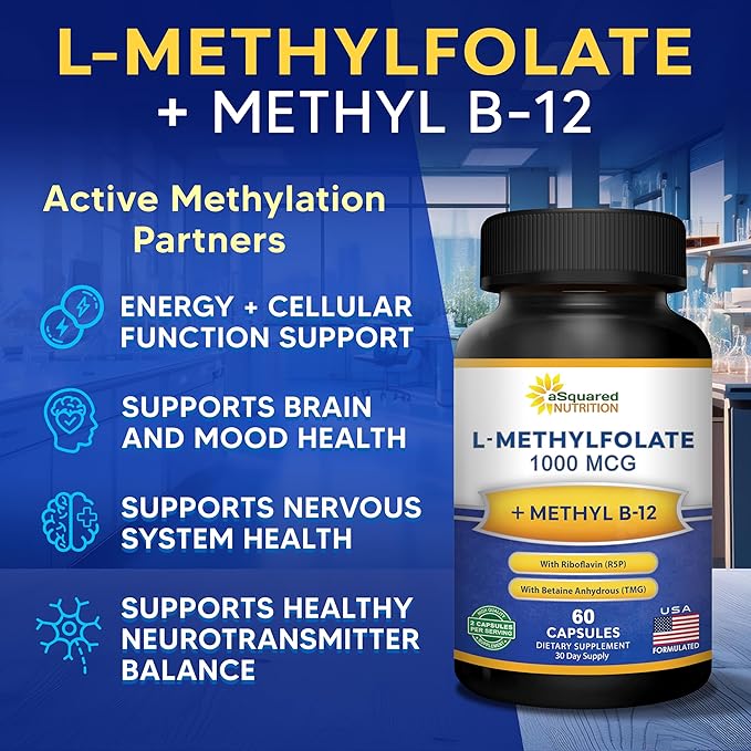 aSquared Nutrition L Methylfolate Plus Methyl B12 - Methylated Folate Supplement for Women & Men - 5-MTHF (Active Vitamin B9) 1000 mcg & B-12 1mg - B Complex - 60 Capsules