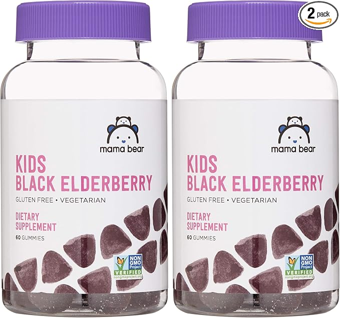 Amazon Brand - Mama Bear, Vegetarian Kids Black Elderberry Gummies 300 mg with Vitamins C, D, E and Zinc - Immune System Support - 60 Gummies (1 to 2 Month Supply), Non-GMO, Gluten Free (Pack of 2)