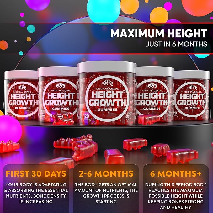 BIOTEQUELAB Height Growth Increase Gummies Vitamins, Grow Tall Supplement, Calcium, Magnesium, Zinc, Ashwagandha, Glucosamine Multivitamin for Teens, Kids, 180 Gummies