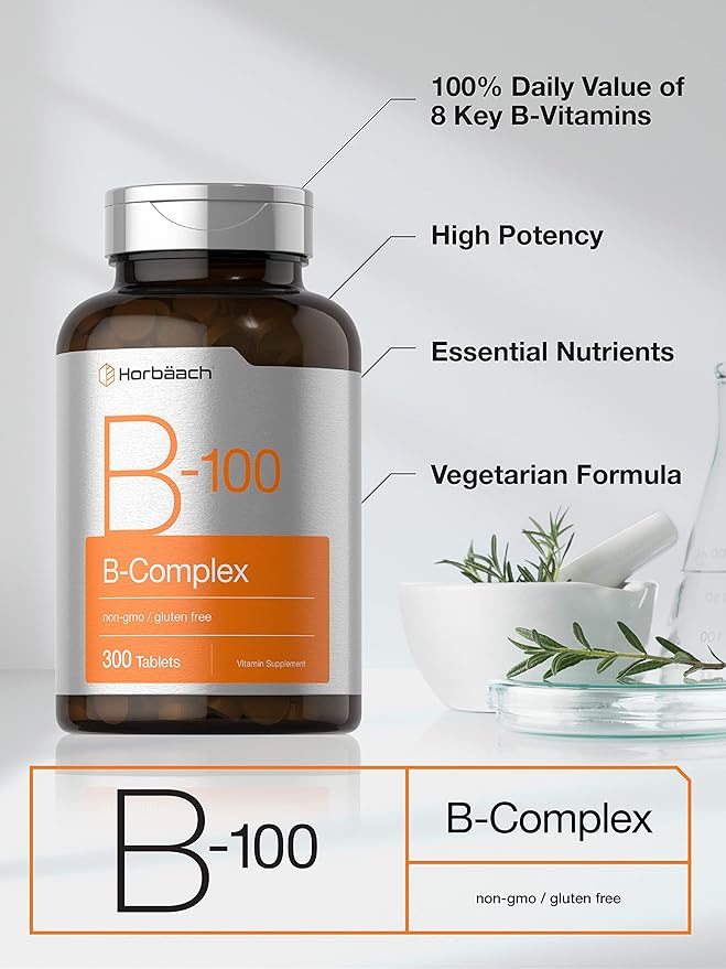 Horbäach Vitamin B-100 Complex | 100% of Daily Value | 300 Tablets | Vegetarian, Non-GMO, and Gluten Free Supplement