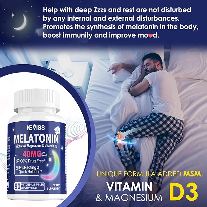 Melatonin 40 mg for Adults - Fast Dissolve & Chewable Sublingual Sleep Supplement - Extra Strength Melatonin with Vitamin D3 & MSM, Selenium for Health Rest Cycle, Deep Zzzs, Sugar-Free, 180 Servings