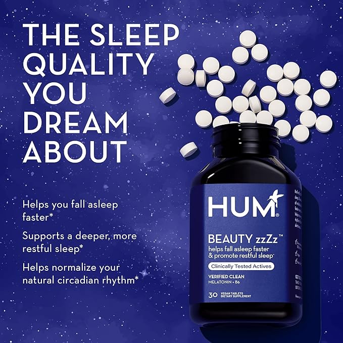 HUM Beauty zzZz Melatonin Sleep Supplement for Adults with Melatonin 3mg, Vitamin B6 and Calcium, Vegan, Gluten Free, Non GMO Sleep Support Tablets for Adults and Beauty Rest, 30 Vegan Tablets