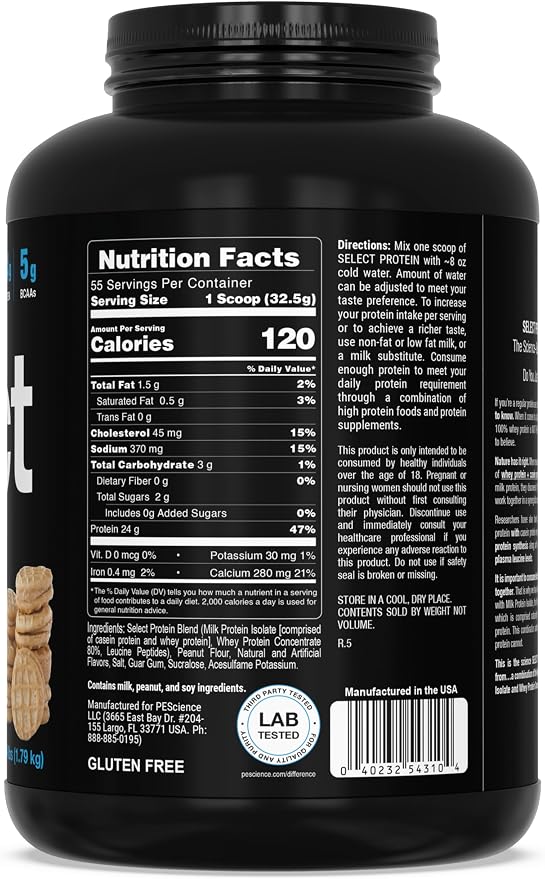 PEScience Select Protein Powder, Whey and Casein Blend, Lean Protein Powder for Women and Men, Low Calorie, Low Carb, Keto Friendly, Gluten Free, Peanut Butter Cookie - 55 Servings