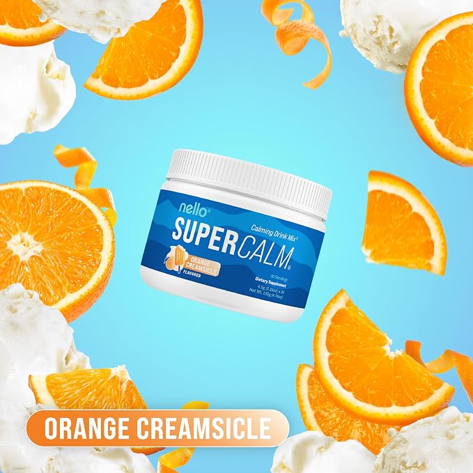 Nello Supercalm Powdered Drink Mix Tub, Cortisol Reducer* and Sleep Aid Supplement, L Theanine, Ksm-66 Ashwagandha, Magnesium Glycinate, Vitamin D 3, No Sugar, Non GMO, 30 Ct, Orange Creamsicle