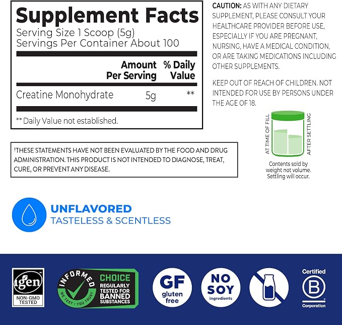 Orgain Creatine Monohydrate Micronized Powder, 100 Servings, Unflavored, Supports Muscle Growth, Post Workout Recovery and Brain Health, No Artificial Additives, for Men & Women (Packaging May Vary)