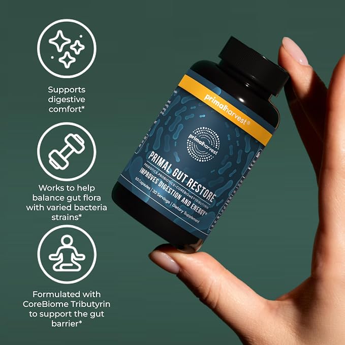 Primal Harvest Restore for Gut Health, Primal Gut Restore w/POSTbiotics, PREbiotics and PRObiotics for Women and Men, 60 CT - Digestion, Colon Cleanse, Immunity Support - Helps Leaky Gut Repair