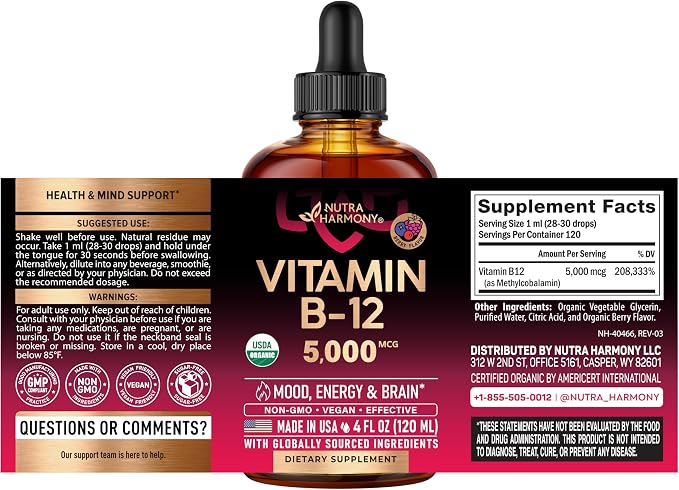 USDA Organic Vitamin B12 Sublingual Drops - 5000 mcg Liquid Vegan Methylcobalamin for Women & Men - Energy Boost, Focus & Mood, Brain Health Support - Maximize Absorption - 4 Month Supply, 4 fl oz