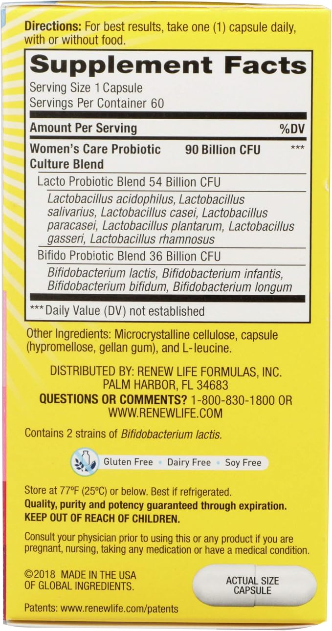 Renew Life Women's Probiotic Capsules, Supports pH Balance for Women, Vaginal, Urinary, Digestive and Immune Health, L. Rhamnosus GG, Dairy, Soy and Gluten-Free, 90 Billion CFU - 60 Ct