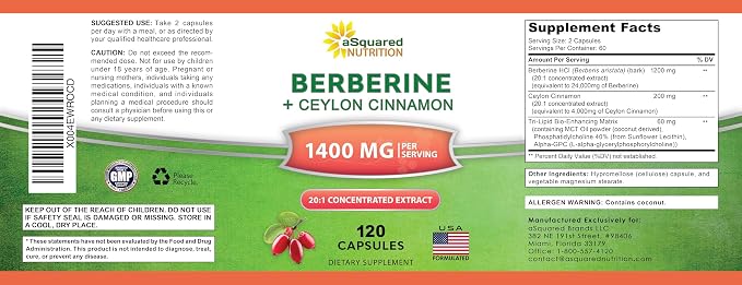 aSquared Nutrition Berberine with Ceylon Cinnamon Supplement - Max Strength Complex - 120 Capsules - Berberine HCl 1200mg Per Serving - Extract Plus Pills Alternative to Gummies & Drops (Pack of 2)
