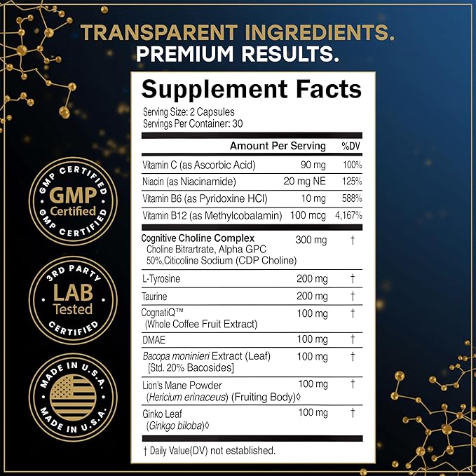 CogniLock Nootropic Brain Supplements for Memory and Focus - Cognitive Supplement for Men, Women & Seniors - Brain Fog Vitamins w/Lion’s Mane, Alpha GPC, Citicoline, CognatiQ™ Coffee Fruit - 60 Pills