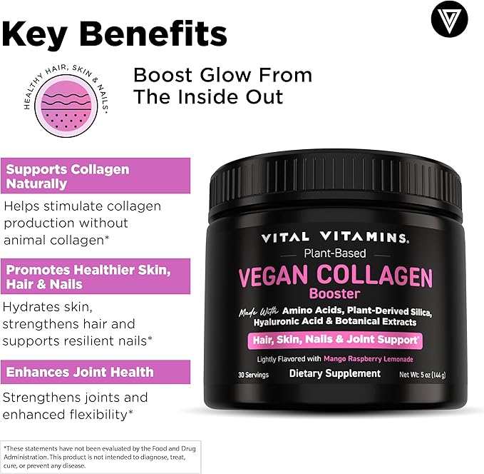 Vital Vitamins Vegan Collagen Booster Powder (2-Pack) - Made with Amino Acids, Silica, Hyaluronic Acid, & Botanical Extracts - Plant-Based - Mango Raspberry Lemonade Flavor - Hair, Skin, Nails