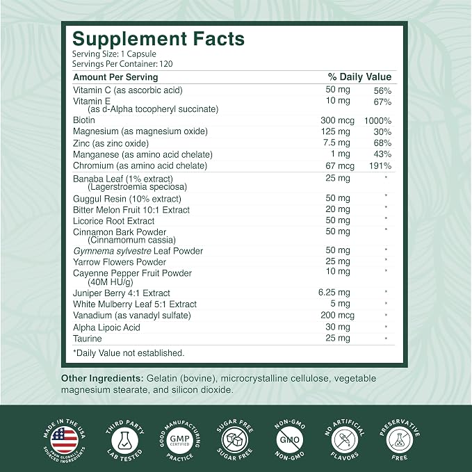 PurePremium Normal Blood Sugar Support Supplement - 20 Active Ingredients Complex to Support Blood Sugar Levels Already in The Normal Range - with Cinnamon, Bitter Melon, Chromium, Mulberry - 120ct