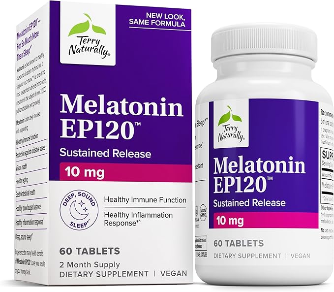 Terry Naturally Melatonin EP 120 10mg - Sleep Support Supplement with Antioxidants - Gluten-Free Supplement for Healthy Sleep - Dietary Supplement to Aid Healthy Aging & Immune Health - 60 Tablets