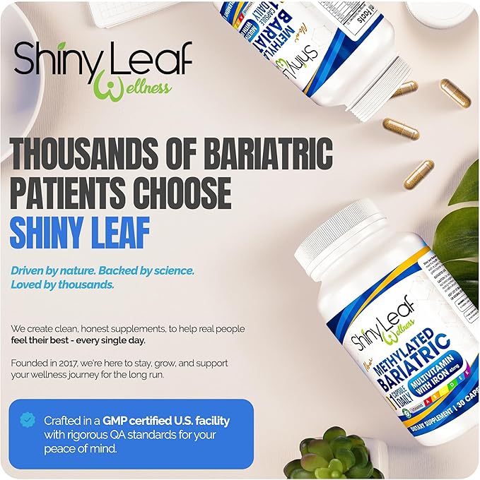 Shiny Leaf Methylated Bariatric Multivitamin with Iron 45mg – Once Daily Capsule, ASMBS Compliant Bariatric Vitamins for Gastric Bypass & Gastric Sleeve, for Men & Women, USA Made, GMP – 30 Caps
